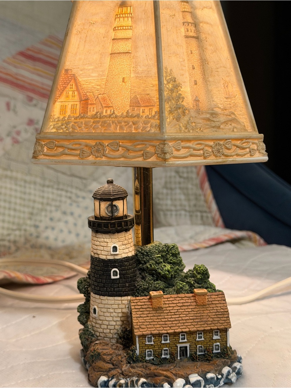 Coastal Lighthouse Table Lamp with Beige Shade